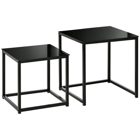 Rootz Set of 2 Side Tables - Coffee Tables - Living Room Tables - Modern Design - Space-Saving Stackable Feature - Durable Steel and Tempered Glass - 50cm x 50cm x 52cm & 42cm x 42cm x 42cm - Black