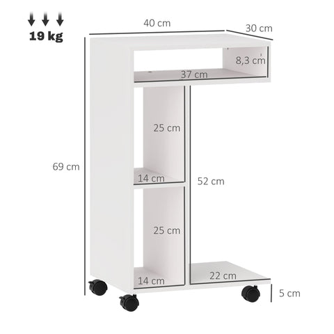 Rootz Side Table - C-Shaped Serving Car - Mobile Organizer - 4 Wheels - Efficient Storage - 40 x 30 x 69 cm, Robust Chipboard, White