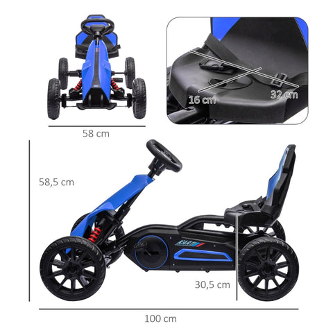 Rootz Go Kart Pedal Go Kart - Kids Ride-On Car - Children's Racing Kart - Ultimate Control - Adjustable Comfort - Versatile Terrain Handling - 100cm x 58cm x 58.5cm - Plastic, Metal, EVA - Blue + Black