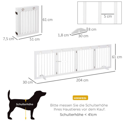 Rootz Pet Gate Barrier - Wooden Dog Guard - Folding Safety Gate - Sturdy Pinewood - Cute Paw Pattern - 204cm x 30cm x 61cm