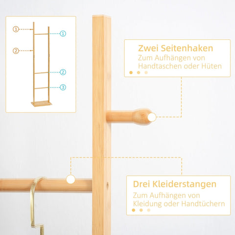 Rootz Coat Stand - Bamboo Clothes Rack - Entryway Organizer - 2 Hooks 3 Poles - Sturdy Base - Natural Finish - 36cm x 24cm x 168cm