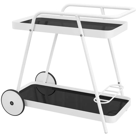 Rootz Outdoor Serving Trolley - Garden Cart - 2 Tier Wine Rack - Steel Frame - Tempered Glass - Black + White - 86.5 x 51 x 78 cm