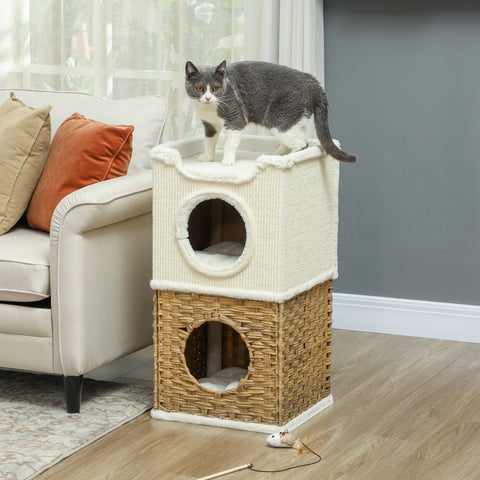 Rootz Cat Tree Tower - Scratch Bin - Cat Condo - Promotes Claw Health - 41cm x 41cm x 75.5cm - Cream White