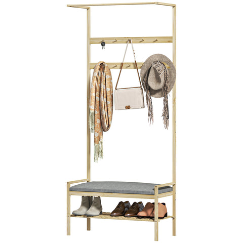 Rootz Wardrobe with Shoe Bench - Clothes Rail - Hall Tree - Bamboo Storage - 73.5cm x 34cm x 171cm