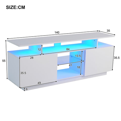 Rootz Modern White TV Cabinet - Media Console - Entertainment Unit - 16-Color LED Lighting - 140cm x 35cm x 61cm