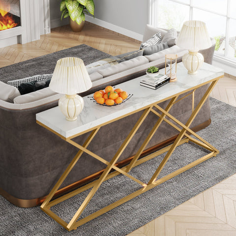 Rootz Faux Marble Console Table - Entryway Table - Foyer Table - Durable & Waterproof - 140 cm L x 30 cm W x 91.4 cm H