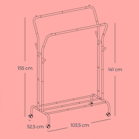 Rootz Clothing Rack on Rolls - Clothes Sticks - Cloakroom Rod - Steel, 100kg Capacity - 52.5x103.5x155cm, White