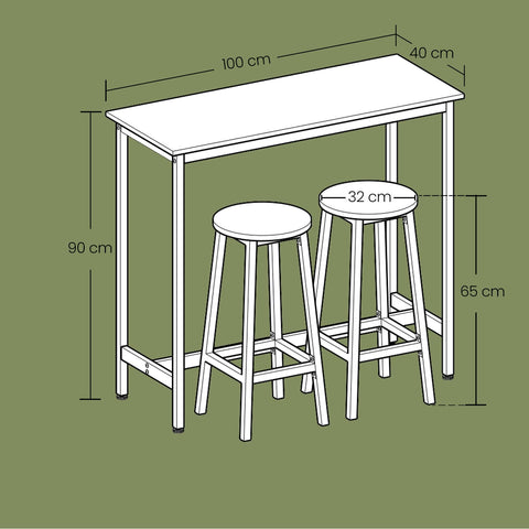Rootz Bart Table with 2 Bar Stools - Standing Table and Chairs - Bar Set - Space-Saving Design - 40x100x90cm Table, 32cm D x 65cm H Stools