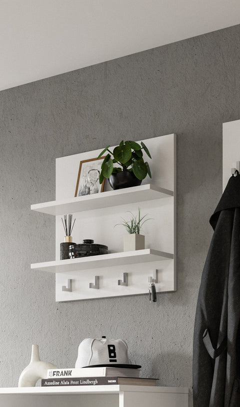 Rootz Wall Panel Organizer - Entryway Shelf - Coat Rack - Compact Design - 4 Chrome Hooks - 52cm x 52cm x 15cm