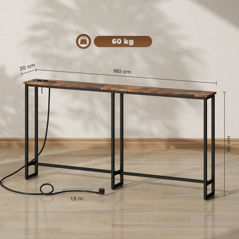 Rootz Slim Console Table with Charging Station - Industrial Side Table - Narrow Hallway Table - Built-in Charging Ports - 160cm x 80cm