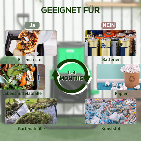 Rootz 65L Compost Container - Rotatable Composter - Thermal Compost Bin - Nutrient-Rich Compost - 60x49x77cm - Green+Black