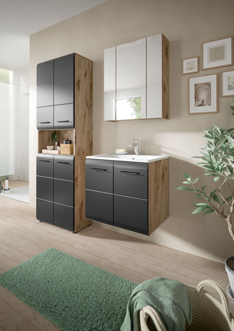 Rootz 4-Piece Bathroom Combo - Vanity Unit - Mirror Cabinet - Ample Storage - Black & Brown - 135x185x46 cm