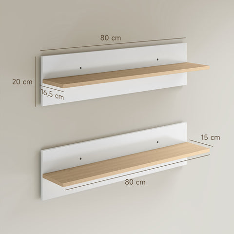 Rootz Wall Shelf Set of 2 - Floating Shelves - Display Shelf - Storage Solution - Durable & Easy to Clean - 80x16.5x20cm - White + Brown