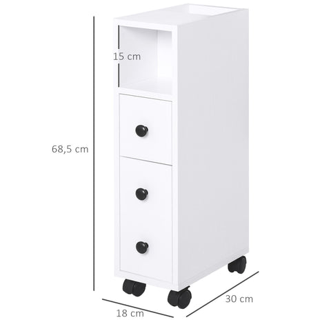 Rootz Bathroom Cabinet - Bathroom Shelf - Chest of Drawers - Mobile Storage - 18x30x68.5 cm - White Chipboard - Easy to Move with 4 Wheels