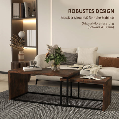 Rootz Set of 2 Coffee Tables - Sofa Table - Side Table - Modern Style - MDF & Metal - 90 x 48 x 42 cm / 59 x 42 x 36 cm - Black + Brown
