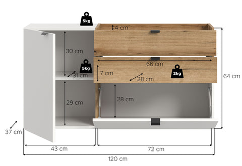 Rootz Hanging Chest of Drawers - Wall-Mounted Storage - White Imitation - Ample Storage - 120x64x37cm