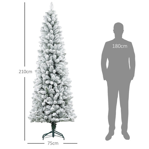 Rootz Christmas Tree 210 cm - Artificial Snow - Slim Fir Tree - Flame Retardant - Steel Base - Green - Ø75 x 210Hcm