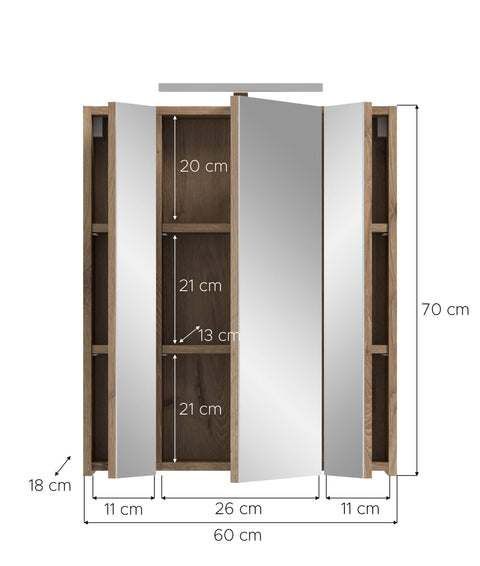 Rootz Mirror Cabinet - Vanity Cabinet - Bathroom Storage - Ample Storage - 60x70x18 cm - Grey and Brown  Imitation