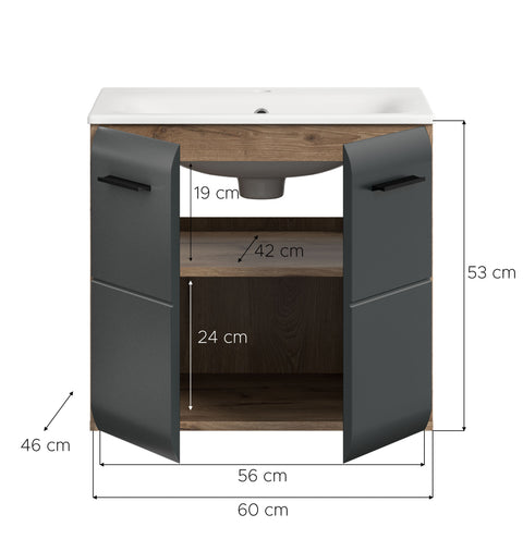 Rootz Vanity Unit with Washbasin - Bathroom Storage - Black and Brown - Ample Storage - 60x55x46cm