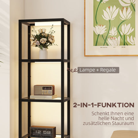 Rootz LED Base Lamp - Floor Lamp - Lighting Shelf - Warm White Light 3000K - 4 Glass Compartments - MDF - Black - 45L x 297H cm