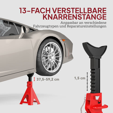 Rootz 2 Piece Adjustable Supporting Blocks - Load-Bearing Stands - Car Jack Stands - 6 Ton Capacity, Red - Enhances Vehicle Stability - 26cm x 37.5-59.2cm