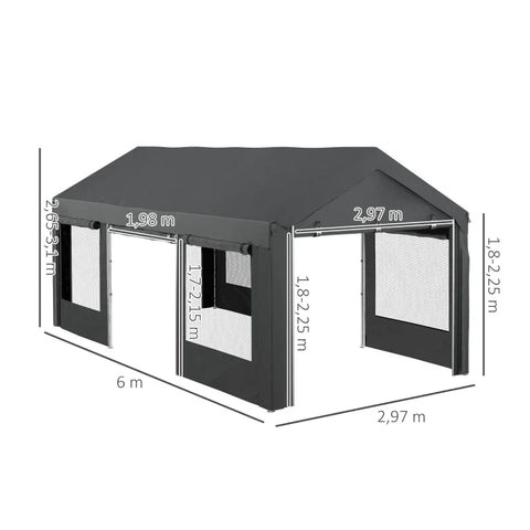 Rootz Carport & Party Tent - Height Adjustable - 4 Windows & Doors - Metal Frame - Galvanized Steel - Dark Gray - 3 x 6m
