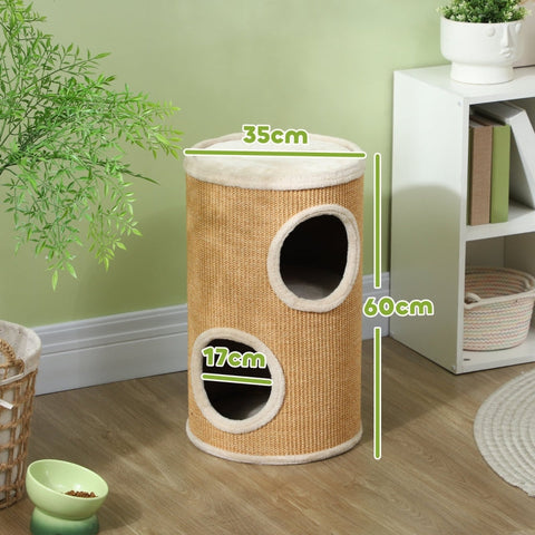Rootz Cat Tower Barrel - Multi-Level Cat Activity Center - Scratching Posts - Plush Padded Corners - Sisal Exterior - Brown&Beige - 35cm x 60cm