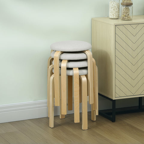 Rootz 4-Set Upholstered Stool - Stackable Stools - Space-Saving Seating - Birch Legs - White - Ø40 x 45H cm