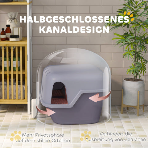 Rootz Cat Litter Box with Lid and Scoop - Pet Litter Pan - Easy Clean Kitty Toilet - 50cm x 50cm x 39cm - Lockable and Stylish Grey