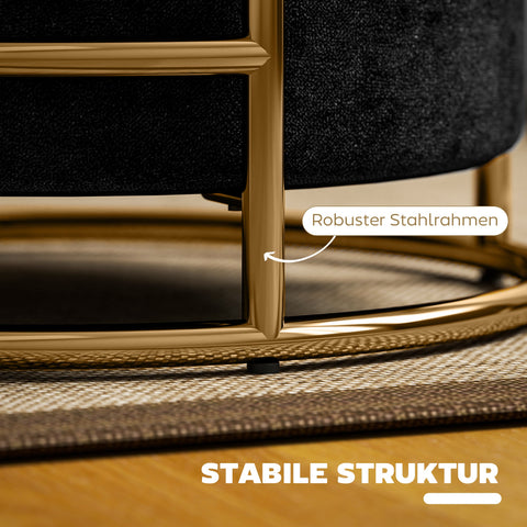 Rootz Sitting Stool with Storage - Foot Stool - Elegant Ottoman - Velvet Softness - Ø42 x 39h cm - Gold-Plated Frame - Black