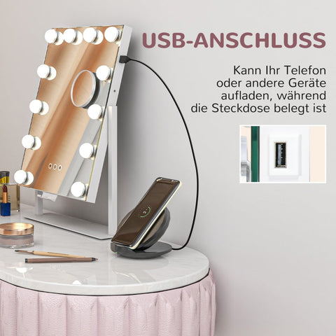 Rootz LED Makeup Mirror - Hollywood Vanity Mirror - Dressing Table Mirror - 12 LED Lamps - Adjustable Brightness - Cell Phone Holder - USB Port - 36.5cm x 45.5cm x 8.5cm