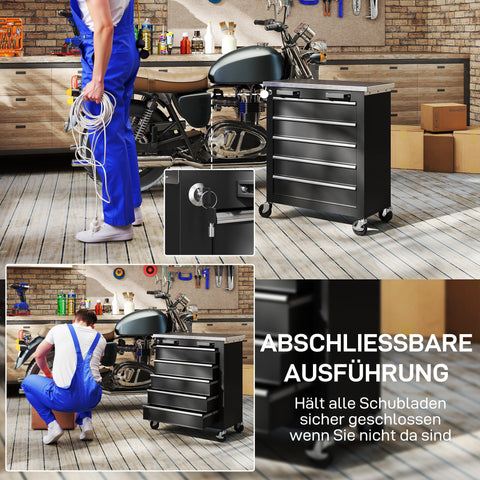 Rootz 5 Drawer Tool Cabinet – Rolling Tool Box – Steel Tool Trolley – Secure Storage – Organizes Tools – 65.5x34.5x76 cm – Silver + Black