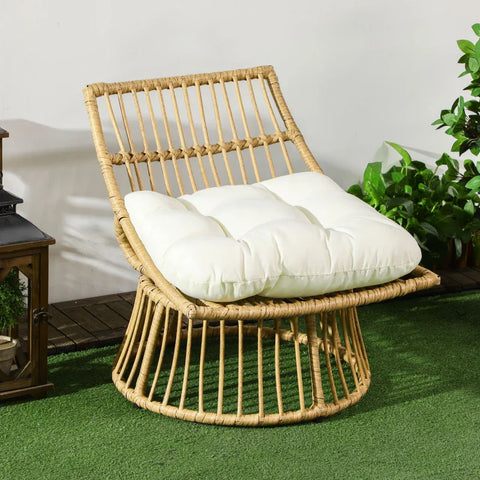 Rootz Swivel Garden Chair - Artificial Rattan Seat Basket - Aluminum Frame - Seat Cushion - Natural + Cream - 65 x 70 x 66 cm
