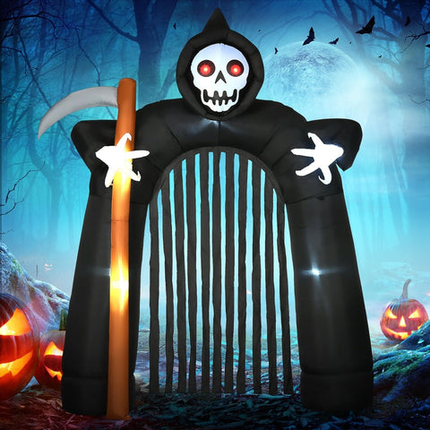 Rootz Grote Halloween Tuindecoratie - Grim Reaper Archway - Zelfopblaasbare LED-verlichting - Feestelijke sfeer - Gemakkelijk op te bergen - Stabiel in de wind - 230 cm x 65 cm x 285 cm - Polyester stof