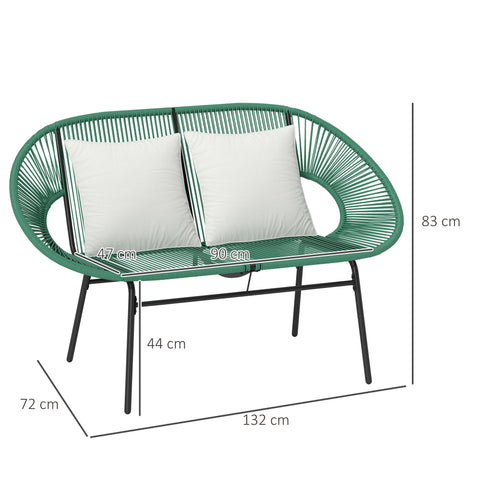 Rootz Garden Bench 2-Seater - Outdoor Sofa - Patio Lounge Seat - Chic Design - 132L x 72B x 83H cm - Steel & Rattan Rope Mesh with Pillows