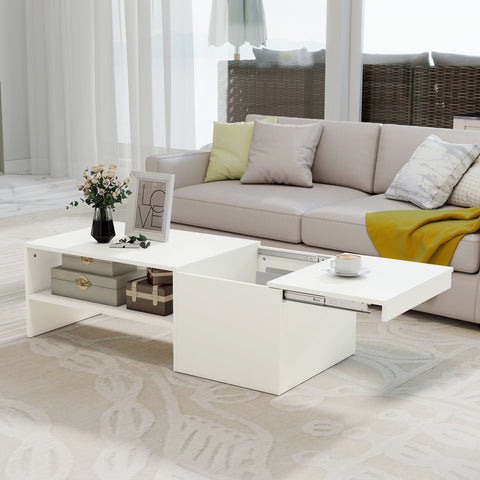 Rootz Adjustable Coffee Table - Lift Top Table - White Storage Table - Sliding Surface, Hidden Storage, Chipboard, Metal Rails, 110x52x36 cm