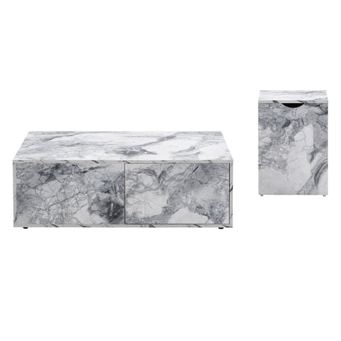 Rootz Marble Pattern Coffee Table Set - Coffee Table - Accent Tables - Versatile Design with Storage - 100x33.5x70cm & 32x32x50cm