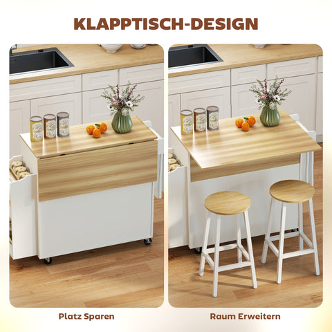Rootz Kitchen Island - Kitchen Trolley - Rolling Cart - Foldable Worktop - Maximizes Space - 120 x 68 x 85 cm - White/Brown