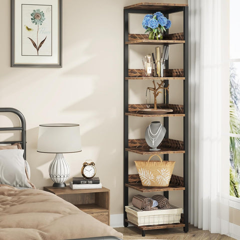 Rootz 6-Tier Corner Bookshelf - Storage Unit - Display Shelf - Maximizes Space - 40cm x 40cm x 195cm