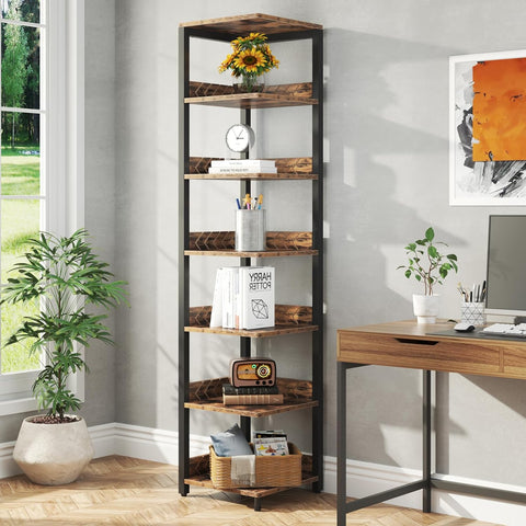 Rootz 6-Tier Corner Bookshelf - Storage Unit - Display Shelf - Maximizes Space - 40cm x 40cm x 195cm