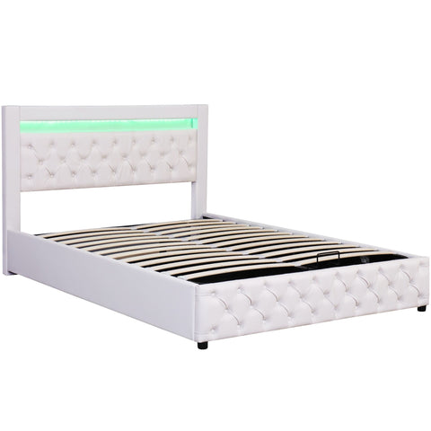 Rootz Upholstered Bed - Slatted Frame - Storage Space - LED Lighting - 140 x 200 cm - White - Durable PU Frame - 207L x 142W x 99H cm