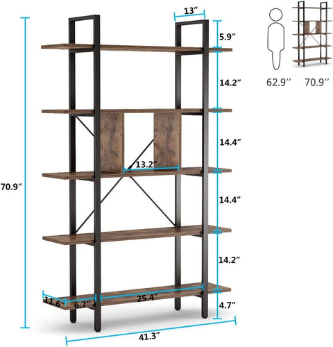 Rootz 5 Tier Bookshelf - Storage Shelf - Industrial Bookcase - Holds 55lbs per Shelf - 33cm D x 105cm W x 180cm H