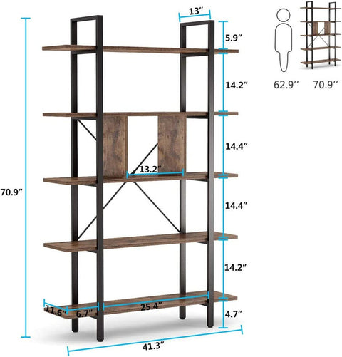 Rootz 5 Tier Bookshelf - Storage Shelf - Industrial Bookcase - Holds 55lbs per Shelf - 33cm D x 105cm W x 180cm H