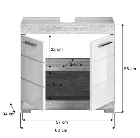 Rootz Lambada Washbasin Cabinet - Bathroom Furniture - Sonoma Oak - White High Gloss - Space-Saving - Sustainable - Approx. 60x56x34 cm