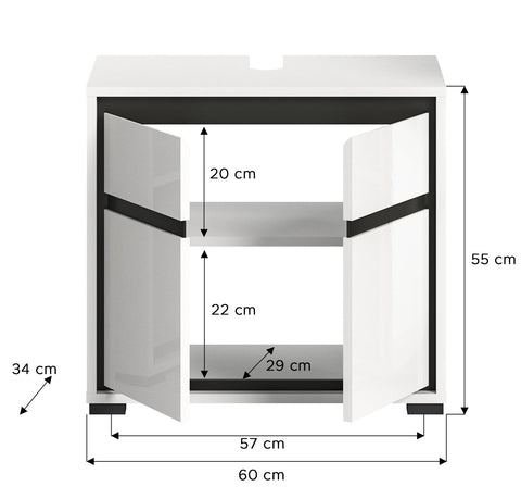 Rootz Bathroom Washbasin Cabinet - Vanity Unit - Storage Organizer - White Gloss - 60cm x 55cm x 34cm