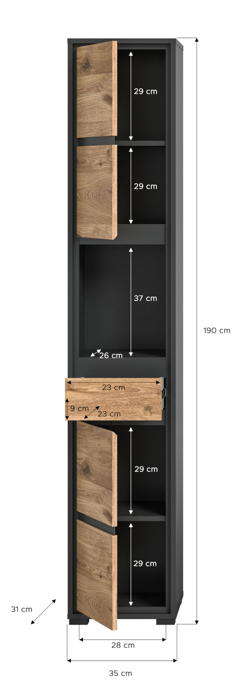 Rootz Tall Cabinet Nox Oak Nb - Anthracite Body - Black Nb - Modern & Stylish - 35cm x 190cm x 31cm - FSC-certified Wood