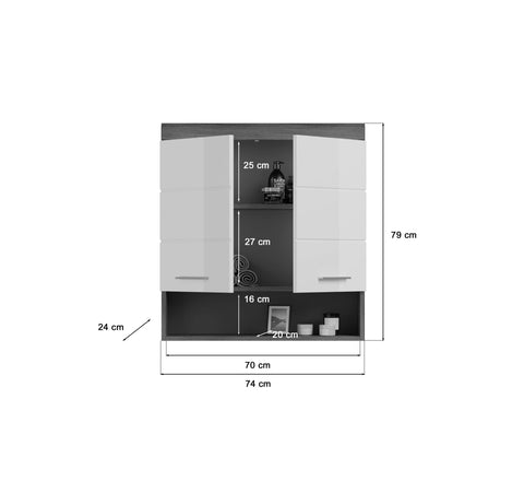 Rootz Bathroom Furniture  - Wall Cabinet - Wood Material - White High-Gloss Front - Smoke Silver Body - 74cm x 79cm x 24cm