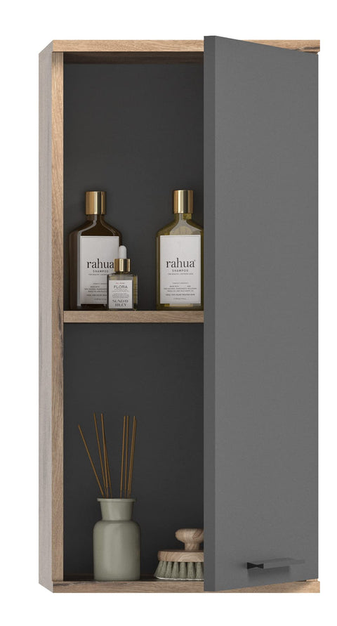 Rootz Wood Bathroom Wall Cabinet - Hanging Cabinet - Nox Oak Replica - Basalt Gray Front - FSC Certified - 37cm x 24cm x 77cm