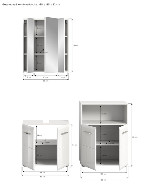 Rootz 3-Piece Set Bathroom Vanity - White High Gloss - Stylish Storage - 135cm x 190cm x 32cm
