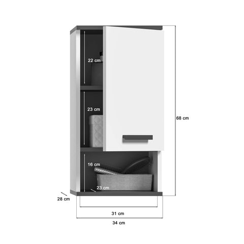 Rootz Rocket Wall Cabinet - White/Anthracite Gray - Bathroom Storage Unit - FSC Certified - 34cm x 68cm x 28cm - Long-lasting Wood Material